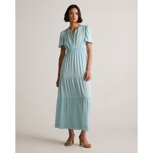 Quince XS Washable Stretch Silk Tiered Maxi Dress Aqua Pearl Blue Womens NWOT